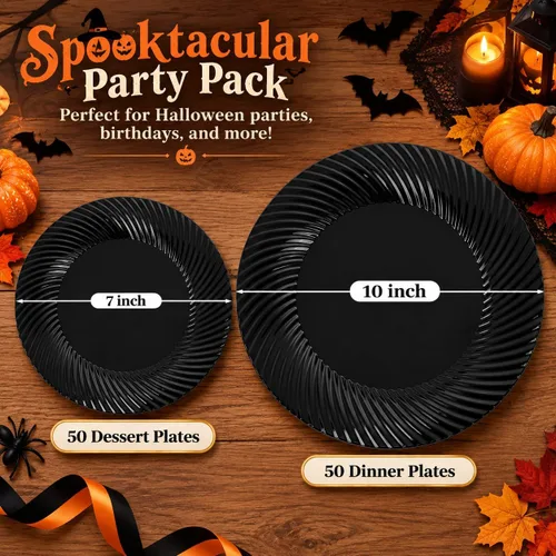 Vista 2 de WELLIFE 100 platos de plástico negro para fiestas, platos desechables negros incluyen 50 platos de postre y 50 platos llanos para bodas, cumpleaños