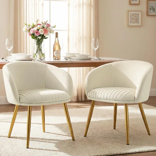 Vista 10 de Boucle - Silla de tocador de maquillaje de terciopelo, moderna silla de escritorio para niñas, sin ruedas, con patas de metal dorado, sillón Beige