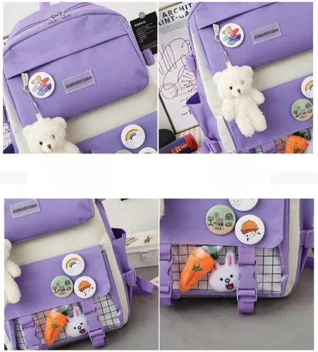 Vista 6 de Juego de mochila Kawaii de 5 piezas, bonita mochila escolar estética, suministros juveniles, conjunto de mochila y accesorios, Mochila púrpura 1