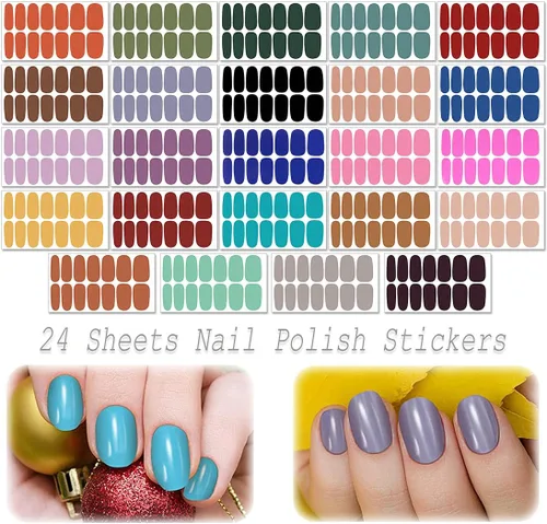Vista 2 de Tiras de esmalte de uñas, color sólido, 24 hojas de calcomanías adhesivas de esmalte de uñas, envolturas completas de uñas de gel para mujeres