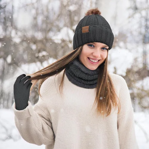 Vista 6 de Conjunto de gorro y bufanda de invierno para mujer, 3 piezas, grueso y cálido, gorro de calavera, guantes para pantalla táctil