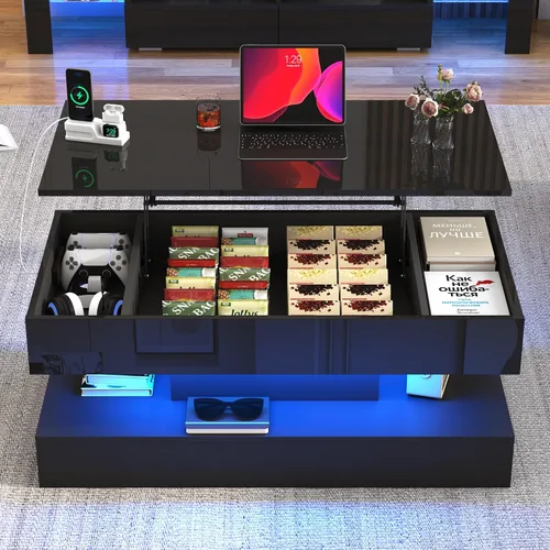 Vista 7 de 39.4" Mesa de café grande con tapa elevable, modernas mesas de café LED de alto brillo para sala de estar con almacenamiento, mesas de salón negras