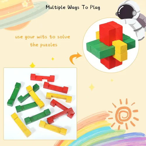 Vista 3 de Syhood Juego de 12 piezas de rompecabezas de madera para el cerebro 3D IQ Challenge Toy Games Logic Mind Smart Puzzle Box Lock Toy Brain Teaser