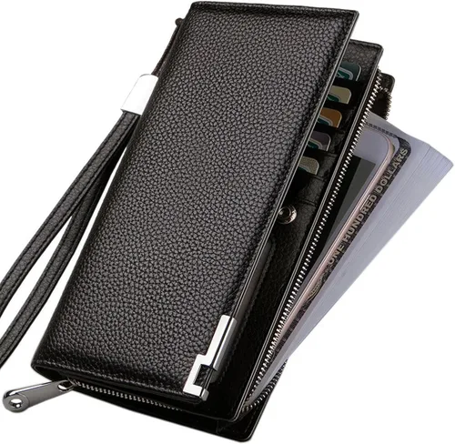 Vista 4 de Huztencor Carteras largas para hombre billetera plegable de cuero con bloqueo RFID y cremallera Cartera RFID