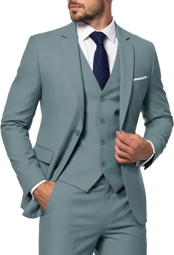 Vista 17 de MY'S Conjunto de traje de 3 piezas para hombre con corbata, chaqueta ajustada de un botón, chaleco y pantalones, blazer para fiestas, bodas, bailes