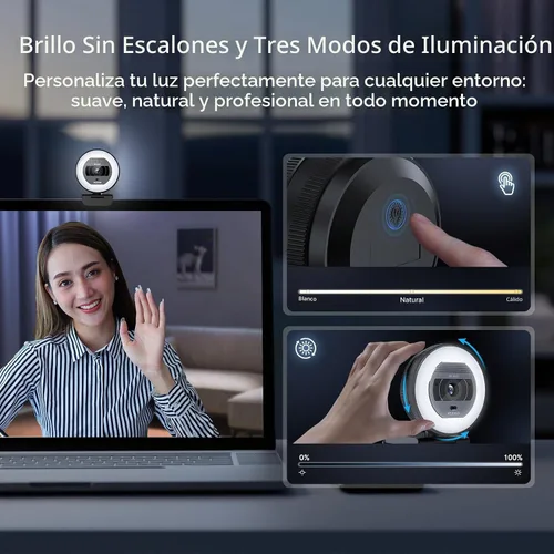 Vista 3 de NexiGo N930E Pro, cámara web 4K con luz de anillo, enfoque automático PDAF, 1080P @60FPS, micrófonos con doble cancelación de ruido, obturador