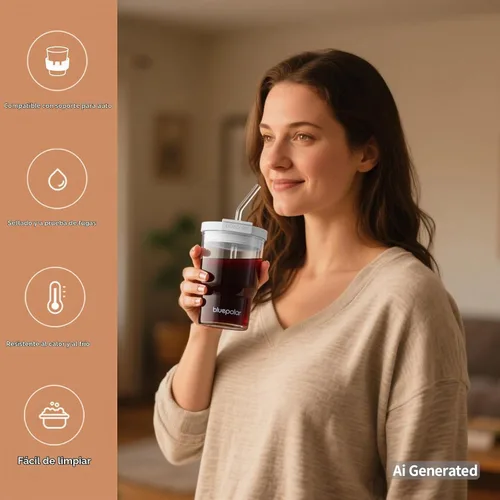Vista 6 de BLUEPOLAR Vasos de vidrio con tapas y popotes, vasos reutilizables de 16 onzas para café helado y botellas de jugo, vasos de preparación fría