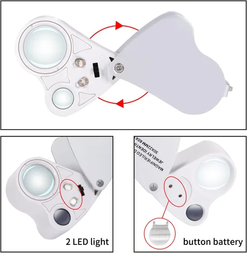 Vista 3 de Jiusion Lupa de joyería con luz LED portátil 30X 60X Lupa de doble lente Blanco