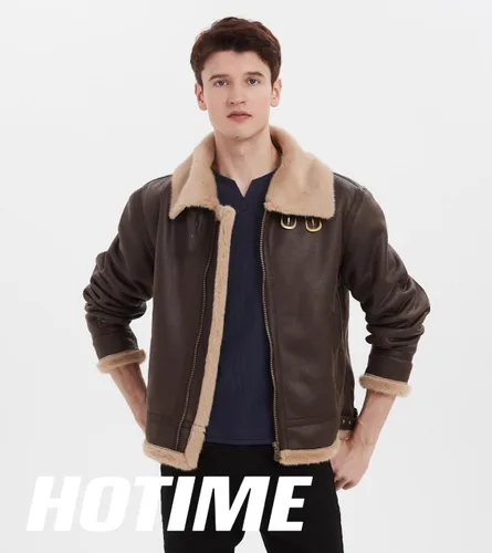 Vista 3 de HOTIME Chaqueta de bombardero de cosplay para hombre, disfraz de anime, cuello alto, abrigo de piel sintética (marrón, XS-3XL)