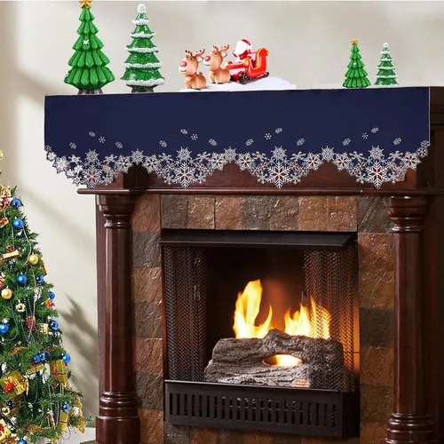 Vista 8 de Caminos de mesa bordados con copos de nieve para Navidad e invierno (azul marino, 14 x 69 pulgadas)