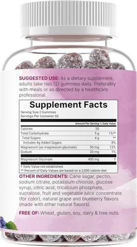 Vista 6 de Gomitas de glicinato de magnesio 400 mg por porción, 120 unidades Sabor natural de uva y arándano Potente forma elemental + quelado para una