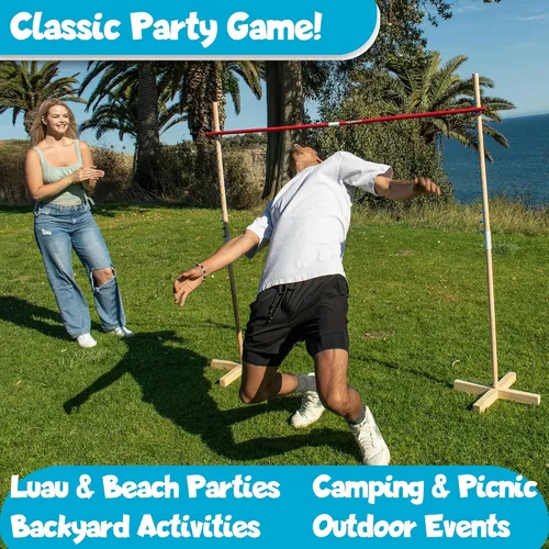 Vista 2 de WonkaWoo Juego de limbo de madera para adultos y niños, instalación simple para juego de fiesta Luau al aire libre, juego de limbo de madera