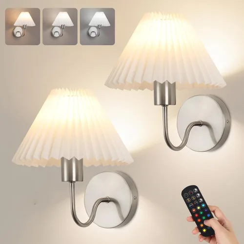 Vista 13 de Juego de 2 apliques de pared inalámbricos, pantallas plisadas recargables que funcionan con batería, luces de pared retro de cuello de ganso