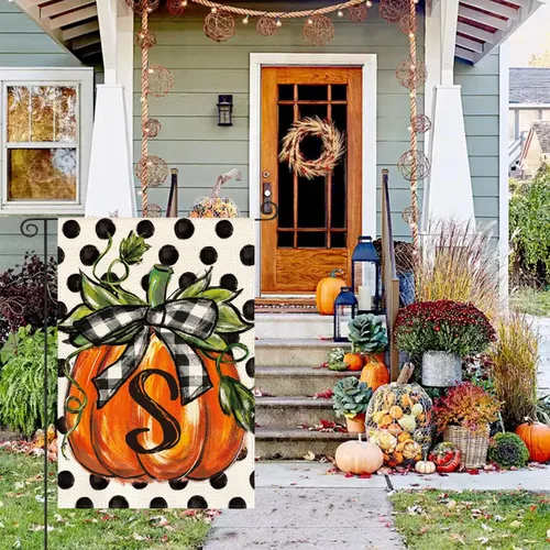 Vista 7 de AVOIN colorlife Bandera de jardín con monograma de otoño con letra S, diseño de calabaza, con diseño de lunares, 12 x 18 pulgadas, doble cara