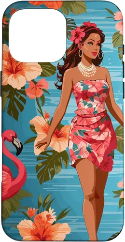 Vista 19 de iPhone 12 Pro Max Vintage Tiki Design - Funda hawaiana retro de flores hula y flamencos