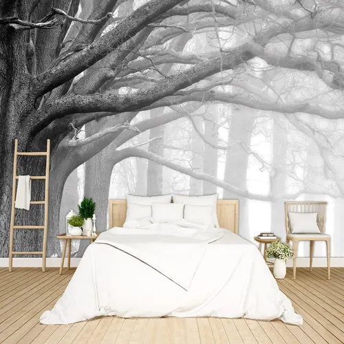 Vista 10 de Hermoso papel pintado de naturaleza verde con bosque grande, árbol gigante, paisajes de la jungla, murales de escenas de dormitorio, decoración