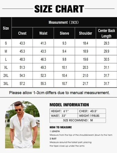 Vista 6 de COOFANDY Camisas casuales de algodón con botones para hombre, manga corta, cuello de banda, para playa y verano