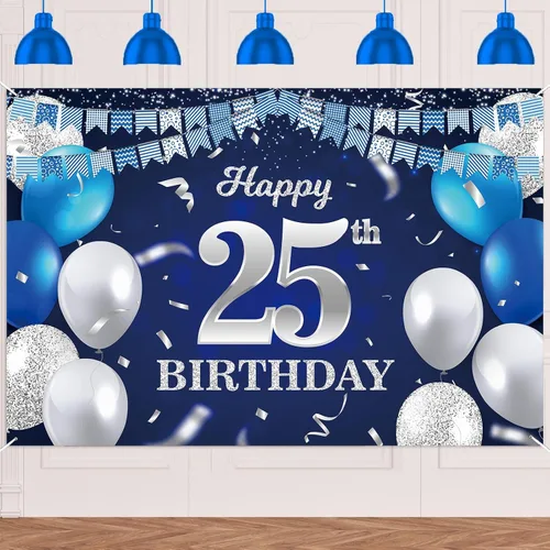 Vista 62 de Bandera de feliz primer cumpleaños con fondo azul marino, globos, confeti, bandera de rayas, luces de puntos, felicitaciones por el tema de 1 año