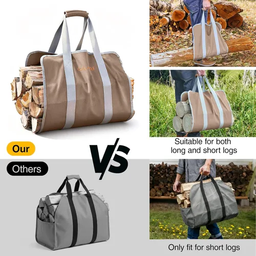 Vista 4 de Transportador de madera para leña con asas, bolsa honda plegable de lona de 16 onzas para leña, bolsa de transporte de troncos pesados de calidad