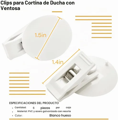 Vista 8 de Paquete de 6 clips para cortina de ducha con ventosa para mantener el forro