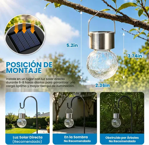 Vista 6 de Solpex Luces solares colgantes al aire libre, paquete de 8 luces decorativas de bola de vidrio agrietado, iluminación solar impermeable, luces