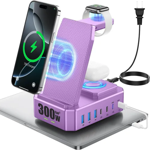 Vista 11 de Estación de carga de 300W para múltiples dispositivos Apple, cargador inalámbrico 10 en 1 para iPhone, soporte de carga rápida PD 65W USB C GaN III