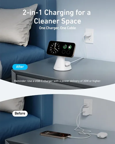 Vista 8 de Anker Soporte de carga 2 en 1 compatible con MagSafe, cargador inalámbrico iPhone 16, certificado Qi2 de 15 W, ultra rápido, ajustable y súper