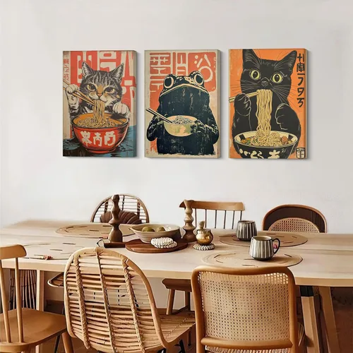 Vista 2 de 3 piezas de arte de pared de lienzo de gatos negros japoneses comiendo ramen Arte divertido de gatos y ranas Pintura de imagen de pared Decoración