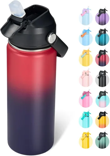 Vista 37 de Fijinhom Botella de agua aislada de acero inoxidable de 18 oz, de boca ancha, de doble pared, con vacío, con pajita de silicona, a prueba de sudor