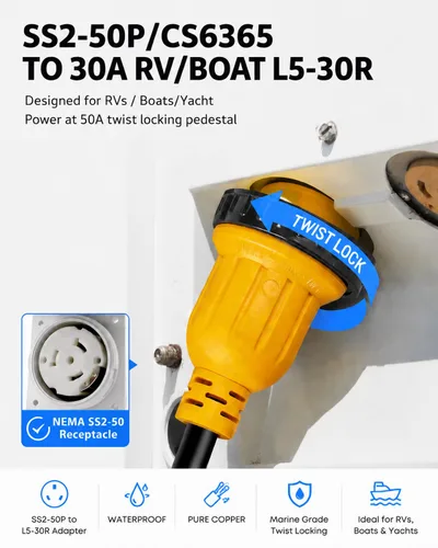 Vista 7 de Adaptador RV de 50 amperios a 30 amperios con certificación ETL, cable adaptador de corriente marina SS2-50P a L5-30R, bloqueo giratorio de 30 A