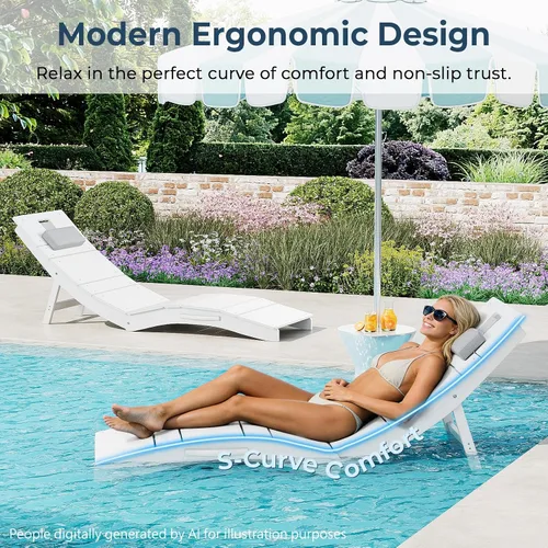 Vista 5 de Juego de 4 sillas de piscina para exteriores, resistentes a la intemperie, sillas de bronceado plegables con reposacabezas, soporta hasta 400 Azul