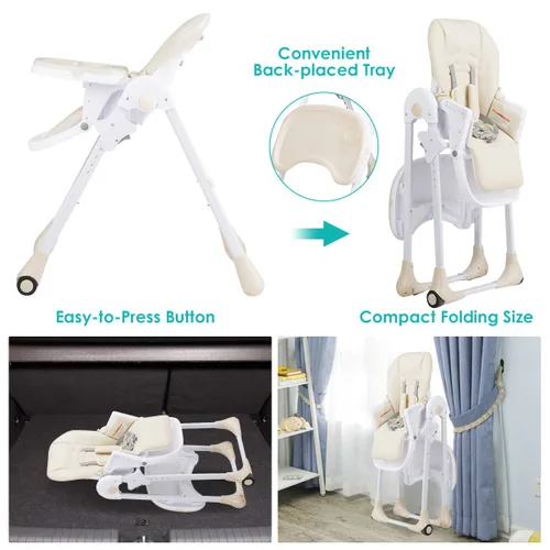 Vista 6 de BABY JOY Silla alta convertible para bebés y niños pequeños, altura ajustable, silla alta Grow & Go con reclinable y reposapiés, bandeja doble Beige