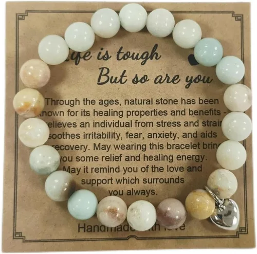 Vista 3 de Pingyongchang Pulsera elástica con cuentas de piedras naturales, con forma de corazón, ajustable, hecha a mano, trenzada, para mujeres, niñas