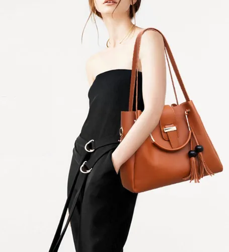 Vista 3 de Bolso y bolso para mujer 3 piezas con borla bolso de mano con asa superior