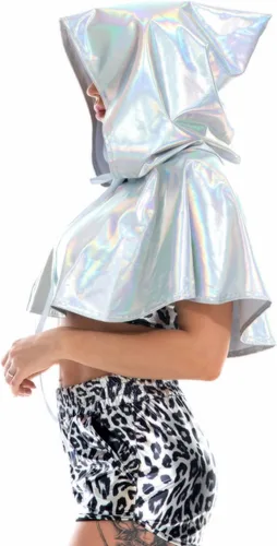 Vista 4 de Women's Metallic Holographic Halloween Shawl Devil Vampire & Witch Cosplay 29 Inch Hooded Short Cape Cloak Costume