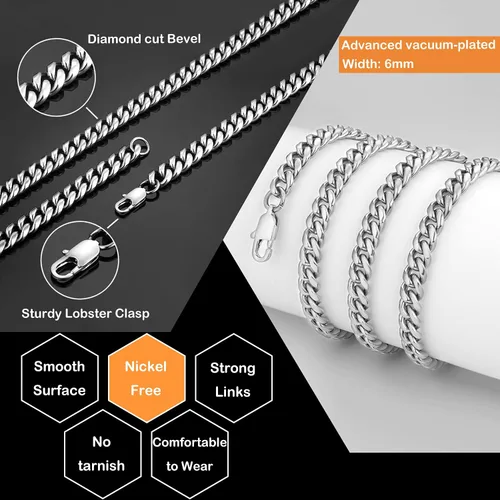 Vista 3 de Jewlpire Diamond Cut Miami Mens Cuban Link Chain Necklace Gold Chain Silver Chain for Men Boys Women Hip-Hop Cool Style 316L Stainless Steel18K