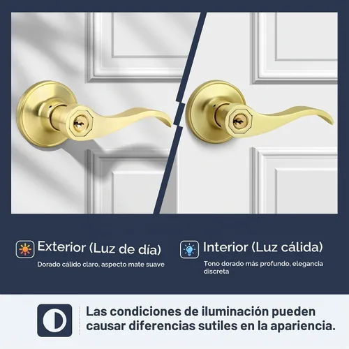 Vista 5 de Manijas de Puerta Estilo Onda Doradas con Cerradura y Llave (Llaves Diferentes), Manija de Puerta de Entrada Dorada Cepillada con Llave, Palanca