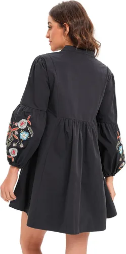Vista 3 de Aox Women Retro Lanter Sleeve Floral Embroidered Boho A line Loose Short Shift Swing Dress