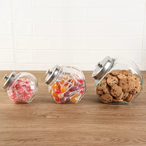 Vista 8 de Restaurantware Vetri Tarro de Centavos de 1 Galón 1 Tarro de Dulces Duradero - Con Tapa Cromada de Boquilla Ancha Tarros de Galletas de Vidrio