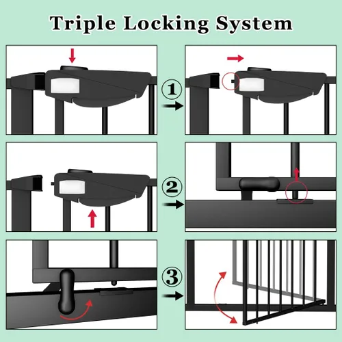 Vista 3 de ALLAIBB Triple Lock - Puerta extra ancha para bebé, montada a presión, para caminar a través de cierre automático seguro, de metal negro, perro