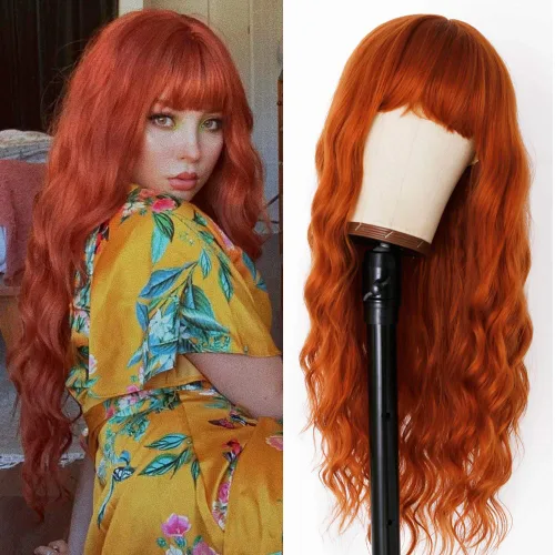 Vista 8 de Pelucas de cabello ondulado rojo con flequillo, transpirable, resistente al calor, pelo de fibra sintética, largo de 24 pulgadas rizado, marrón 99J
