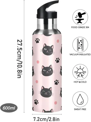Vista 9 de Cute Black Cat Pink Insulated Water Bottle 32 Oz Leakproof Water Bottles, BPA-Free Sport Water Bottle Insulated