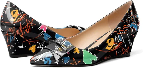 Vista 4 de Eldof Tacones de cuña bajos para mujer, zapatos de tacón de cuña con lazo de 2 pulgadas, zapatos de vestir para fiestas, bodas y noches