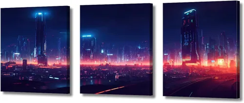 Vista 77 de Cuadros de 3 paneles de Cyberpunk City - Arte de pared de vallas publicitarias de edificios modernos en la capital con obras de arte modernas