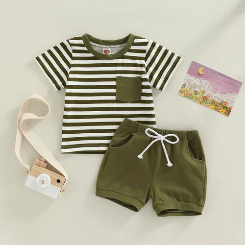 Vista 2 de Conjunto de ropa casual de manga corta con botones y pantalones cortos de lino para bebés y niños pequeños