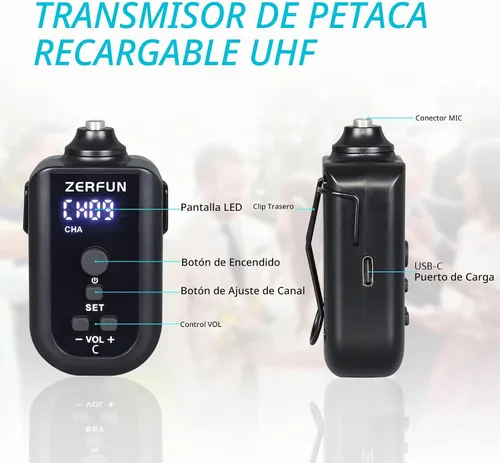 Vista 5 de Sistema de Micrófono Inalámbrico Recargable de 4 Canales Pro, Micrófono de Mano de Metal UHF Auricular Lavalier de Solapa Inalámbrico para Iglesia