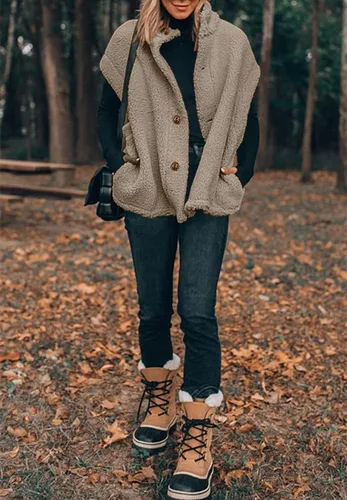 Vista 47 de Hongqizo - Chaleco de forro polar mullido para mujer, casual, de gran tamaño, cálido, con botones, chaqueta de sherpa con bolsillos