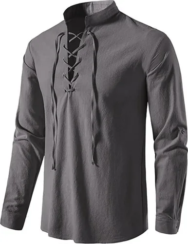 Vista 7 de Camisas de manga larga para hombre, estilo retro, con cordones para disfraz medieval, vikingo, hippie, Halloween, cosplay, pirata, renacentista