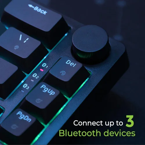 Vista 5 de IOGEAR Mechlite Nano Teclado para juegos recargable con cable o inalámbrico Bluetooth, control de volumen integrado, teclas PBT, cable USB-C a USB-A