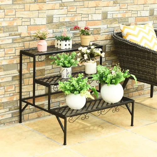 Vista 8 de Giantex Soporte de metal negro para plantas de 3 niveles, soportes de metal para plantas con 6-9 soportes de capacidad en maceta, estante